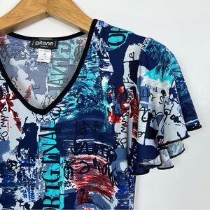 Gitane 🇨🇦 Blue Abstract Design V-Neck Flutter Sleeve‎ Dress Size Medium